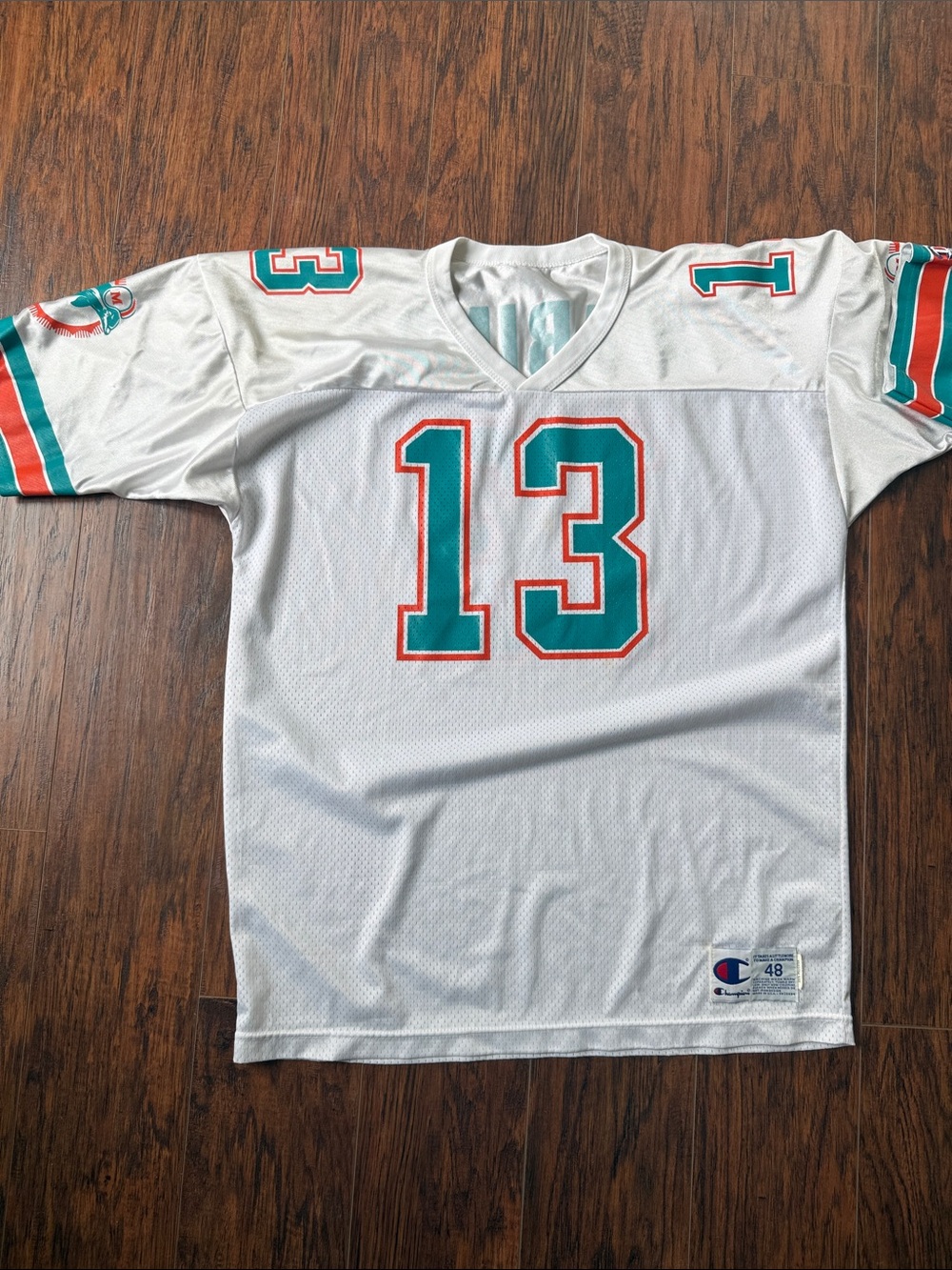 Champion White Football Jersey with Teal and Orange #13